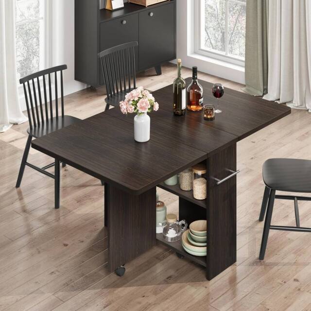 London Boutique Folding Kitchen Dining Table w/ Wheels Drop Leaf Table w/ Shelves in Walnut - image 1