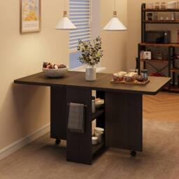 London Boutique Folding Kitchen Dining Table w/ Wheels Drop Leaf Table w/ Shelves in Walnut - thumbnail 8