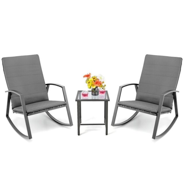 Costway 3PCS Outdoor Rattan Rocking Bistro Set Garden Patio Wicker Table & Chair Set in Grey