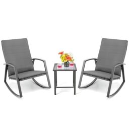 Costway 3PCS Outdoor Rattan Rocking Bistro Set Garden Patio Wicker Table & Chair Set in Grey - thumbnail 1