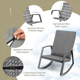 Costway 3PCS Outdoor Rattan Rocking Bistro Set Garden Patio Wicker Table & Chair Set in Grey - thumbnail 2