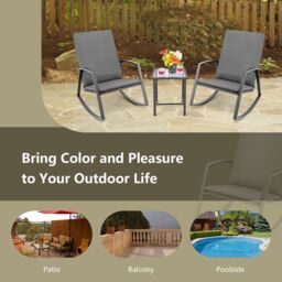 Costway 3PCS Outdoor Rattan Rocking Bistro Set Garden Patio Wicker Table & Chair Set in Grey - thumbnail 5