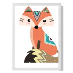 ARTZE Sitting Orange Fox Tribal Animal Framed Print SIZE: A2 with White Frame - Size: A4