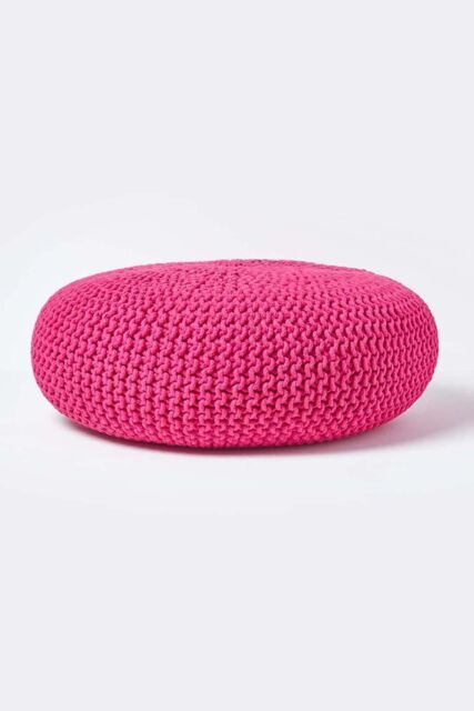 Homescapes Large Round Cotton Knitted Pouffe Footstool in Pink - image 1