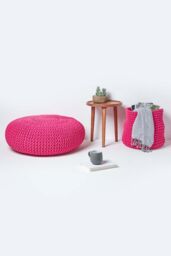 Homescapes Large Round Cotton Knitted Pouffe Footstool in Pink - thumbnail 6