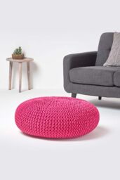 Homescapes Large Round Cotton Knitted Pouffe Footstool in Pink - thumbnail 2