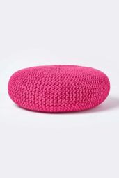 Homescapes Large Round Cotton Knitted Pouffe Footstool in Pink - thumbnail 1