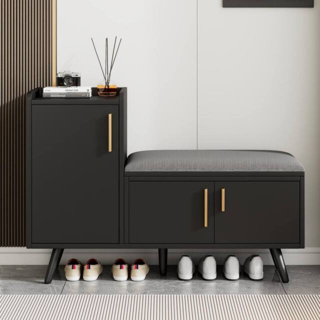 Merax Modern Shoe Bench Storage Cabinet with Padded Seating Cushion in Black - image 1