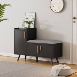 Merax Modern Shoe Bench Storage Cabinet with Padded Seating Cushion in Black - thumbnail 3