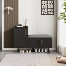 Merax Modern Shoe Bench Storage Cabinet with Padded Seating Cushion in Black - thumbnail 5