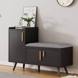 Merax Modern Shoe Bench Storage Cabinet with Padded Seating Cushion in Black - thumbnail 2