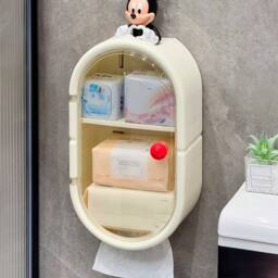 Living and Home 3-Tier Wall-Mounted Storage Rack Tissue Box with Door & Hooks in Cream - thumbnail 2