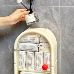 Living and Home 3-Tier Wall-Mounted Storage Rack Tissue Box with Door & Hooks in Cream - thumbnail 8