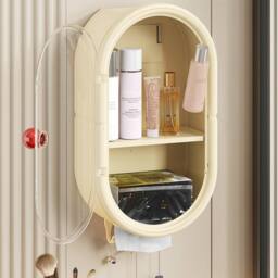 Living and Home 3-Tier Wall-Mounted Storage Rack Tissue Box with Door & Hooks in Cream - thumbnail 3