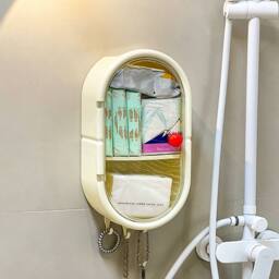 Living and Home 3-Tier Wall-Mounted Storage Rack Tissue Box with Door & Hooks in Cream - thumbnail 5