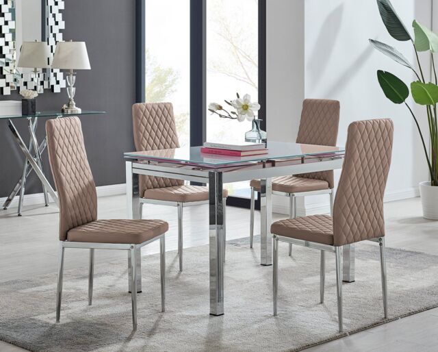 FurnitureboxUK Enna White Glass Extending 4-6 Seater Dining Table & 4 Milan Faux Leather Chairs in Beige - image 1