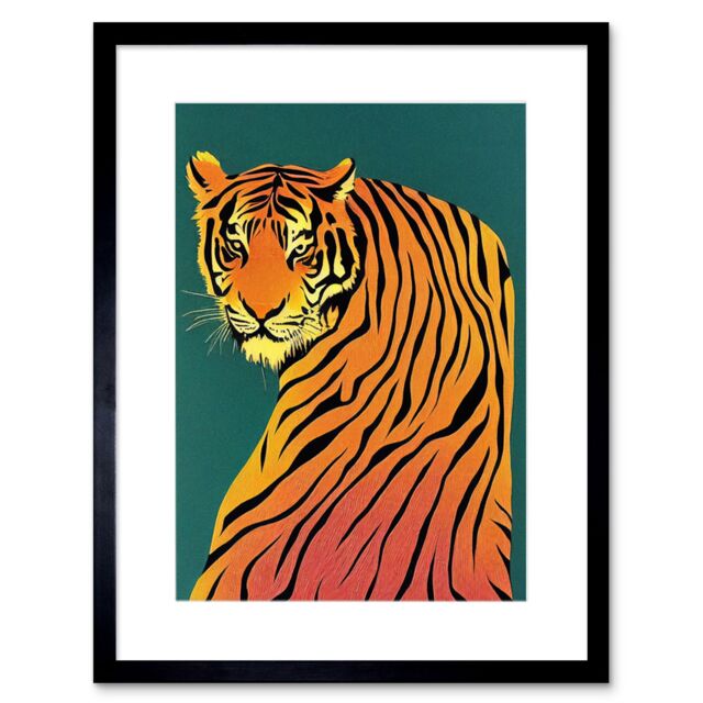 "Artery8 Wall Art Print Modern Tiger Portrait on Teal Orange Bold Artwork Framed 9X7 Inch in Black - Size: W7"" x H9""" - image 1