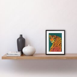 "Artery8 Wall Art Print Modern Tiger Portrait on Teal Orange Bold Artwork Framed 9X7 Inch in Black - Size: W7"" x H9""" - thumbnail 2
