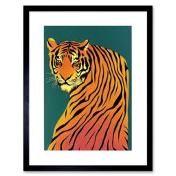 "Artery8 Wall Art Print Modern Tiger Portrait on Teal Orange Bold Artwork Framed 9X7 Inch in Black - Size: W7"" x H9""" - thumbnail 1