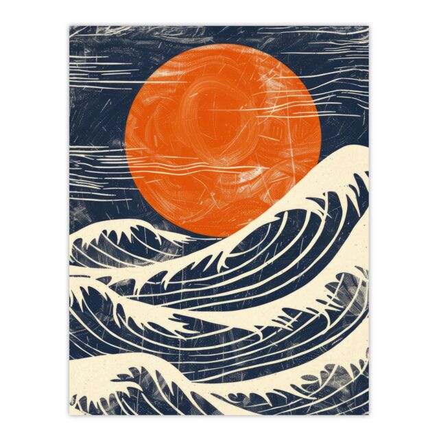 "Artery8 Wall Art Print Sun & Waves Japanese Style Orange Blue Seascape Poster in Dark Navy - Size: W24"" x H32""" - image 1