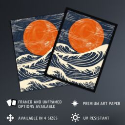 "Artery8 Wall Art Print Sun & Waves Japanese Style Orange Blue Seascape Poster in Dark Navy - Size: W24"" x H32""" - thumbnail 2