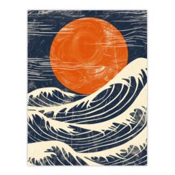 "Artery8 Wall Art Print Sun & Waves Japanese Style Orange Blue Seascape Poster in Dark Navy - Size: W24"" x H32""" - thumbnail 1