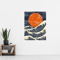 "Artery8 Wall Art Print Sun & Waves Japanese Style Orange Blue Seascape Poster in Dark Navy - Size: W24"" x H32""" - thumbnail 4
