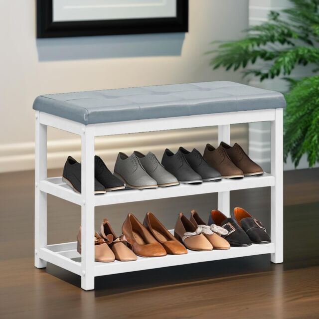 Pirlo Plush Wooden 2 Tier Shoe Rack Bench in Grey - image 1