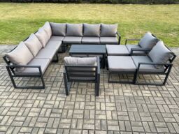 Fimous 14 Seater Aluminium Outdoor Garden Furniture Set Patio Lounge Sofa with Oblong Coffee Table 3 Pcs Chair 2 Small Footstools in Dark Grey - thumbnail 2
