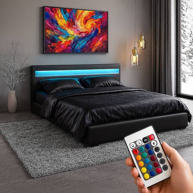Harmin Black 4ft Small Double LED Faux Leather LED Upholstered Bed Frame - image 1