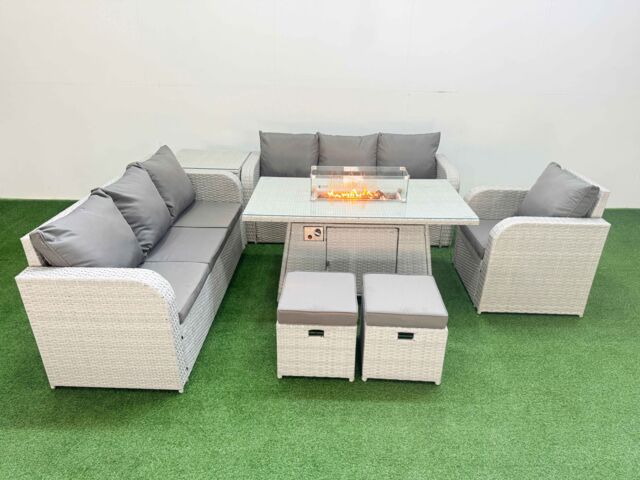 Fimous 9 Seater Poly Rattan Outdoor Garden Furniture Firepit Dining Table Sofa Set Patio 3 Seater Sofa Reclining Chair 3 Seater Sofa Stools Side - image 1