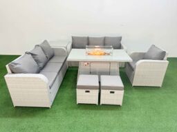 Fimous 9 Seater Poly Rattan Outdoor Garden Furniture Firepit Dining Table Sofa Set Patio 3 Seater Sofa Reclining Chair 3 Seater Sofa Stools Side - thumbnail 1