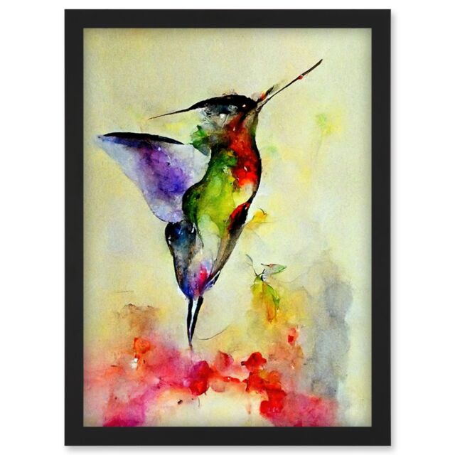 Artery8 Elegant Hummingbird Abstract Watercolour Artwork Framed Wall Art Print A4 in Black - image 1