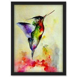 Artery8 Elegant Hummingbird Abstract Watercolour Artwork Framed Wall Art Print A4 in Black - thumbnail 1