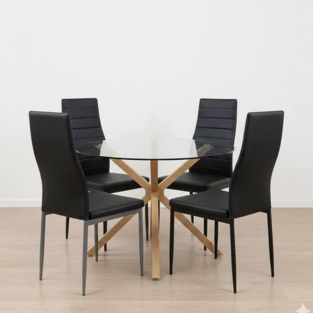 KOSY KOALA Round Glass Dining Table Set With 4 Black faux leather Chairs - image 1