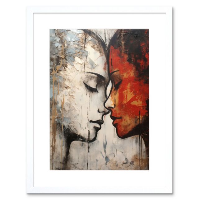 Artery8 Wall Art Print Affection Thick Paint Oil Painting Red Bold Blue Gay Lovers Emotional Connection Women Love Lesbian Artwork Framed 9X7 Inch - image 1