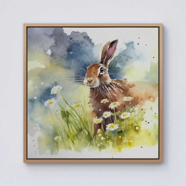 Warren Reed - Designer Hare & Daisies Watercolour Framed Canvas in Light Brown - Size: w40 inch x h40 inch - image 1