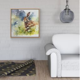 Warren Reed - Designer Hare & Daisies Watercolour Framed Canvas in Light Brown - Size: w40 inch x h40 inch - thumbnail 2