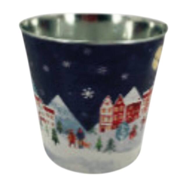 Four Candle Large Blue Christmas Village Scene Decorative Metal Pot Planter 23cm - image 1