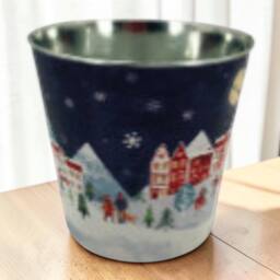 Four Candle Large Blue Christmas Village Scene Decorative Metal Pot Planter 23cm - thumbnail 2