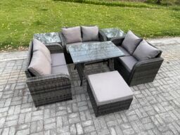 Fimous Rattan Garden Furniture Set 7 Seater Patio Outdoor Love Sofa Set with Rectangular Dining Table 2 Side Tables Dark Grey Mixed - thumbnail 2