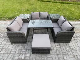 Fimous Rattan Garden Furniture Set 7 Seater Patio Outdoor Love Sofa Set with Rectangular Dining Table 2 Side Tables Dark Grey Mixed - thumbnail 1