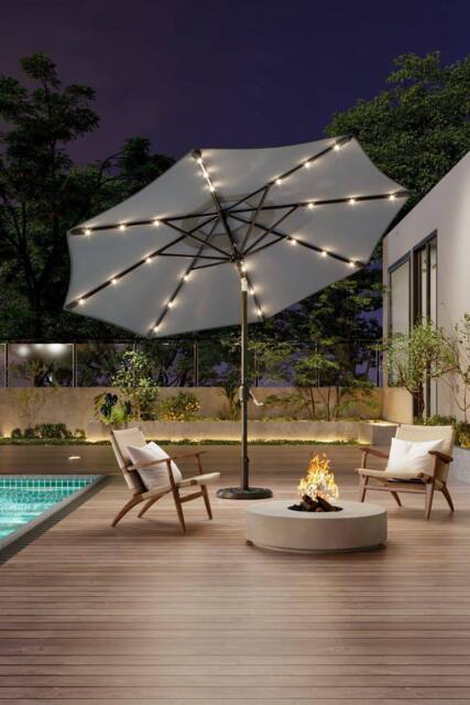Garden Sanctuary Solar 24 LED Lights Garden Parasol with Crank with Floral-Pattern Base in Light Grey - image 1