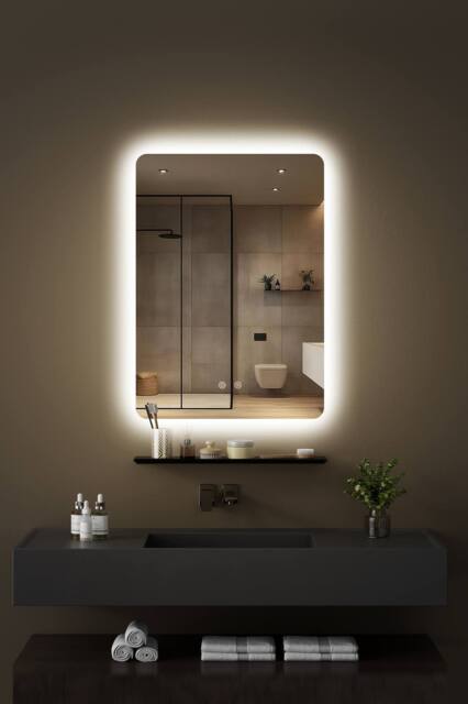 Fascinate 50x70cm LED Bathroom Mirror with Shelf - Radius Corner, Anti-Fog, Dimmable Halo in Silver - Size: 700mm x 500mm - image 1