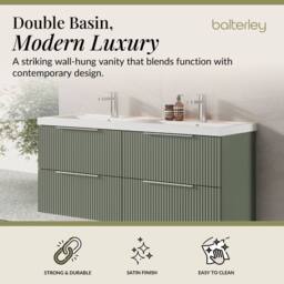 Balterley Fluted Wall Hung 4 Drawer Vanity Basin Unit & Basin 1200mm Satin Green - thumbnail 2