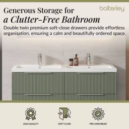 Balterley Fluted Wall Hung 4 Drawer Vanity Basin Unit & Basin 1200mm Satin Green - thumbnail 3