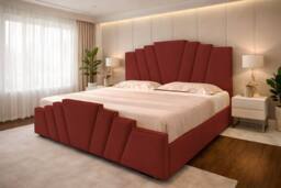 PARADISE BEDS LTD Art Deco Upholstered Ottoman Gas Lift Storage Bed Frame with Headboard in Dark Red - Size: Small Double - thumbnail 1