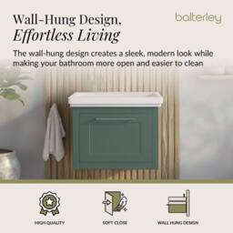 Balterley Wall Hung 1 Drawer Vanity Unit & 0TH Fireclay Basin, 600mm, Green - thumbnail 3