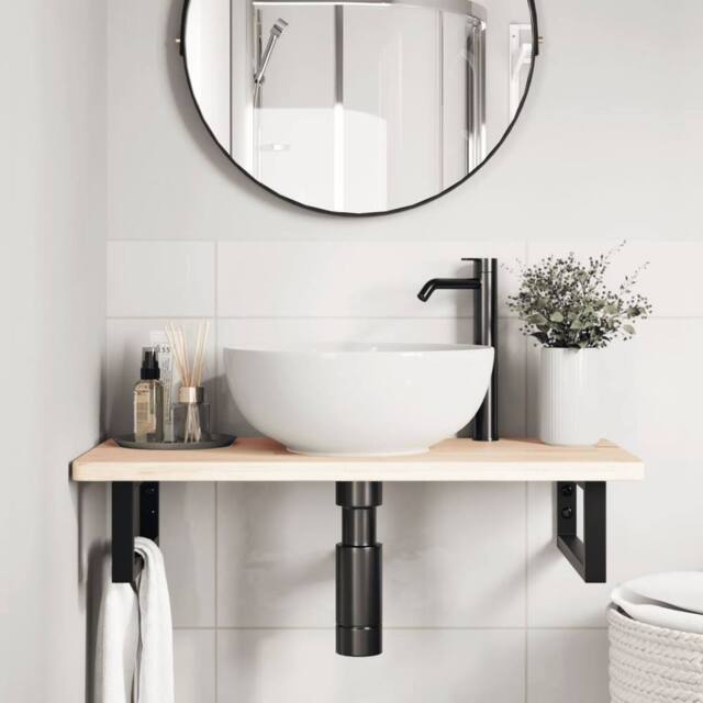 Berkfield Home Elegant Basin Shelf Wall Mounted Steel & Solid Wood Oak in Natural - image 1