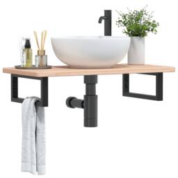 Berkfield Home Elegant Basin Shelf Wall Mounted Steel & Solid Wood Oak in Natural - thumbnail 2